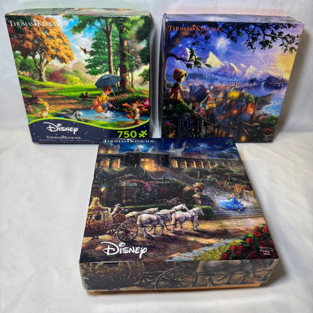Thomas Kinkade Disney Jigsaw Puzzle Lot 750 Piece Cinderella Pinocchio Pooh